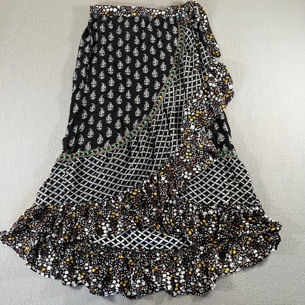 Christian Siriano Womens Small Mixed Print boho Ruffle Wrap Maxi Skirt Black